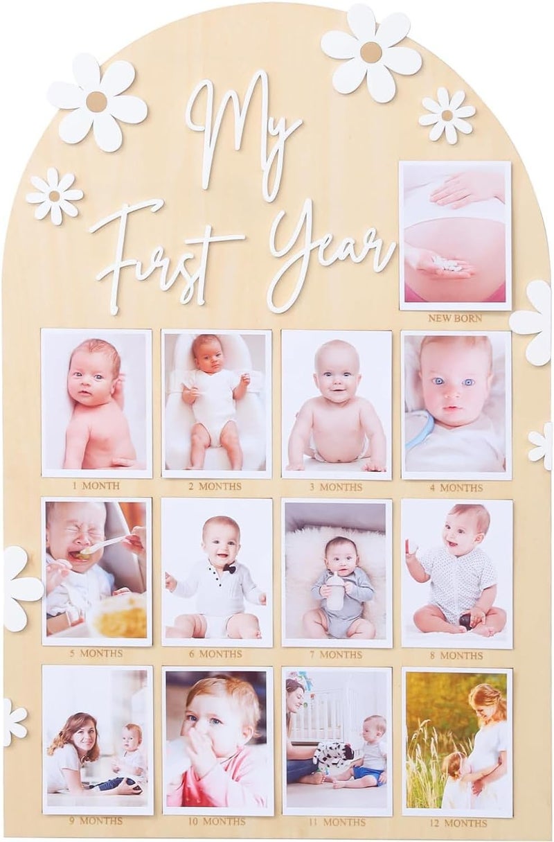 FLhdM My First Year Photo Frame Board, 1st Birthday Girl Boy Gifts, Newborn Newmom Gift, 1 Year Old Girls Gifts, One Year Birthday Party Decorations, Baby Shower Baptism Favors, 12 Months Milestone - Image 1
